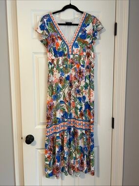 Adrianna Papell White Maxi Dress with Blue, Green & Orange Floral Print